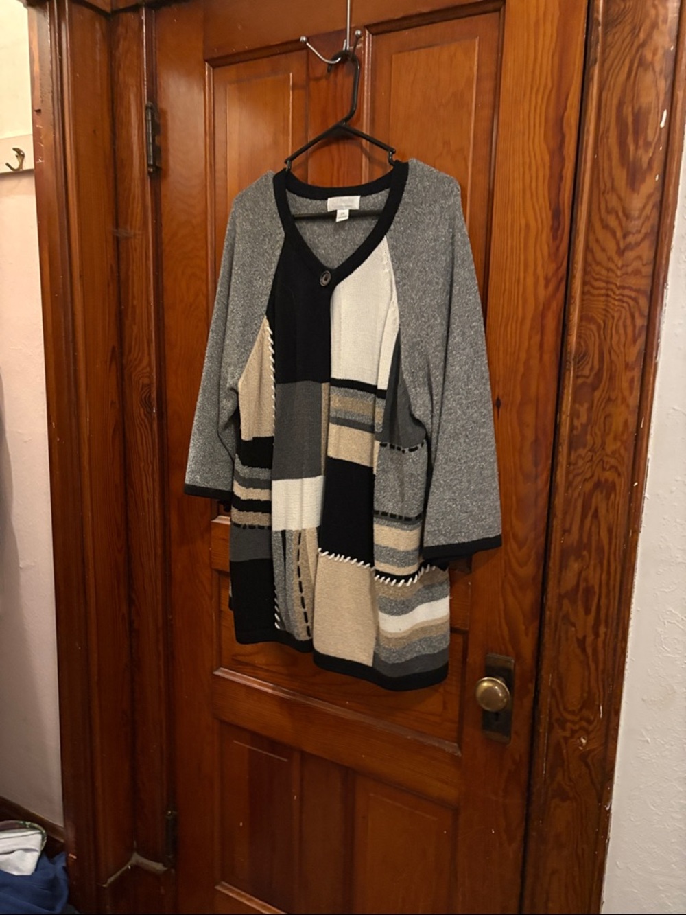 Christopher & Banks Patchwork Longline Cardigan in Black, Gray & Cream
